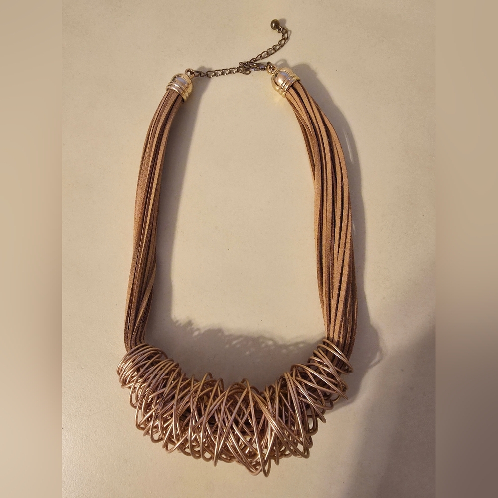 Bold Gold Metal Wrapped Elegant Brown Necklace, 18"